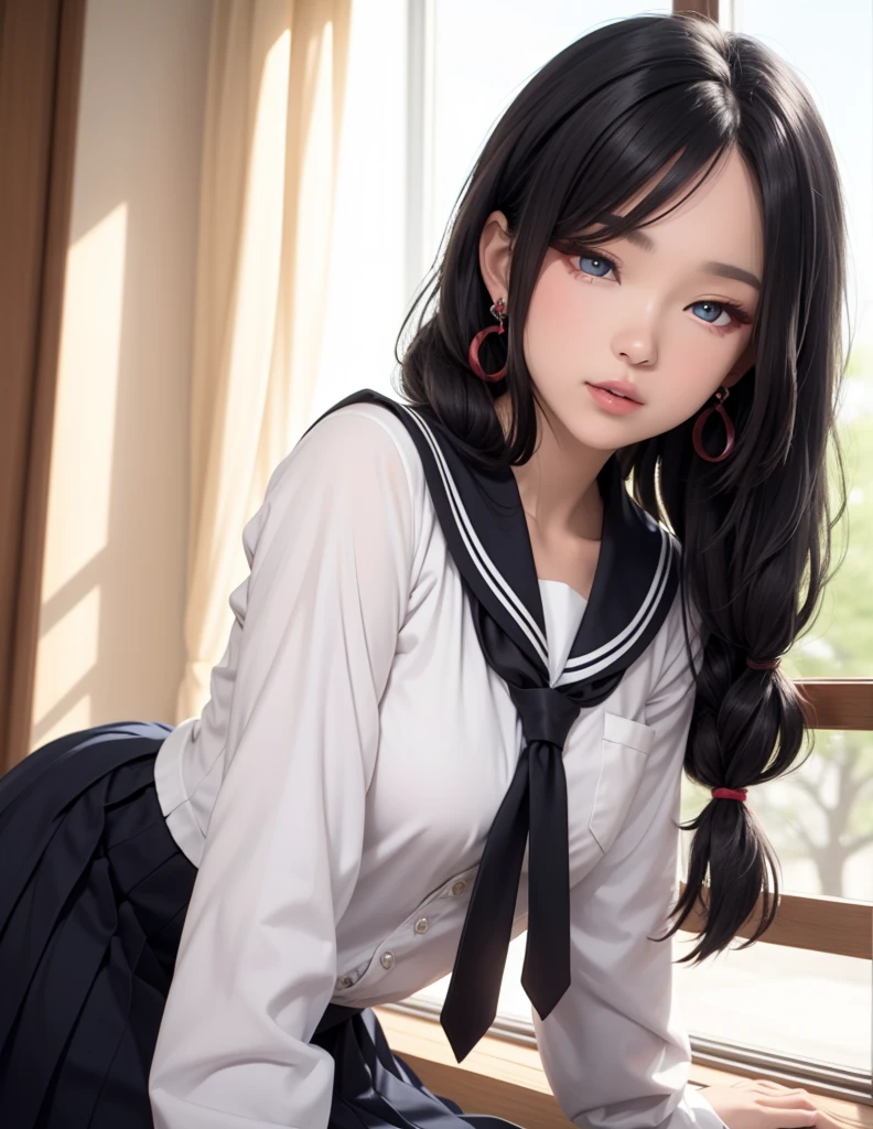 One girl, black hair, long hair, slightly curled hair, sailor suit