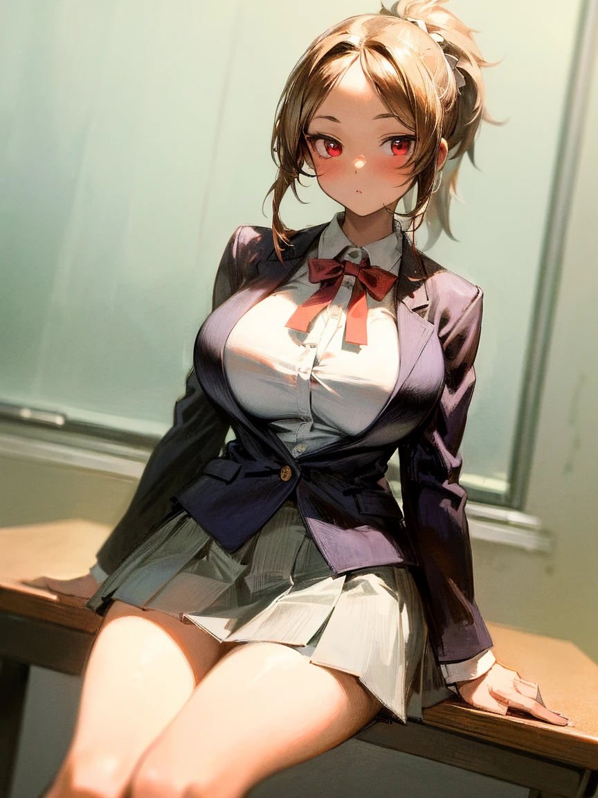 (masterpiece, best quality:1.2), solo, 1girl, takebadef, smile, looking at viewer, , cardigan, bow, red lingerie, choker, earrings, classroom , large breasts, full body, sitting on chair, open legs,
