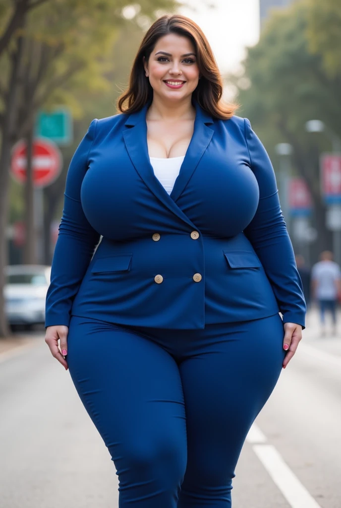 A 35 years old woman, running through the sunny forest, face like Demi Moore, wearing a light red business suit, a business shirt, a long skirt, extremely huge saggy breasts, slim waist, (full person view, from head to toe), smiling to me