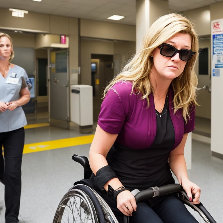 a woman in a wheelchair on the sidewalk of a street market heading towards the access ramp to the pedestrian crossing