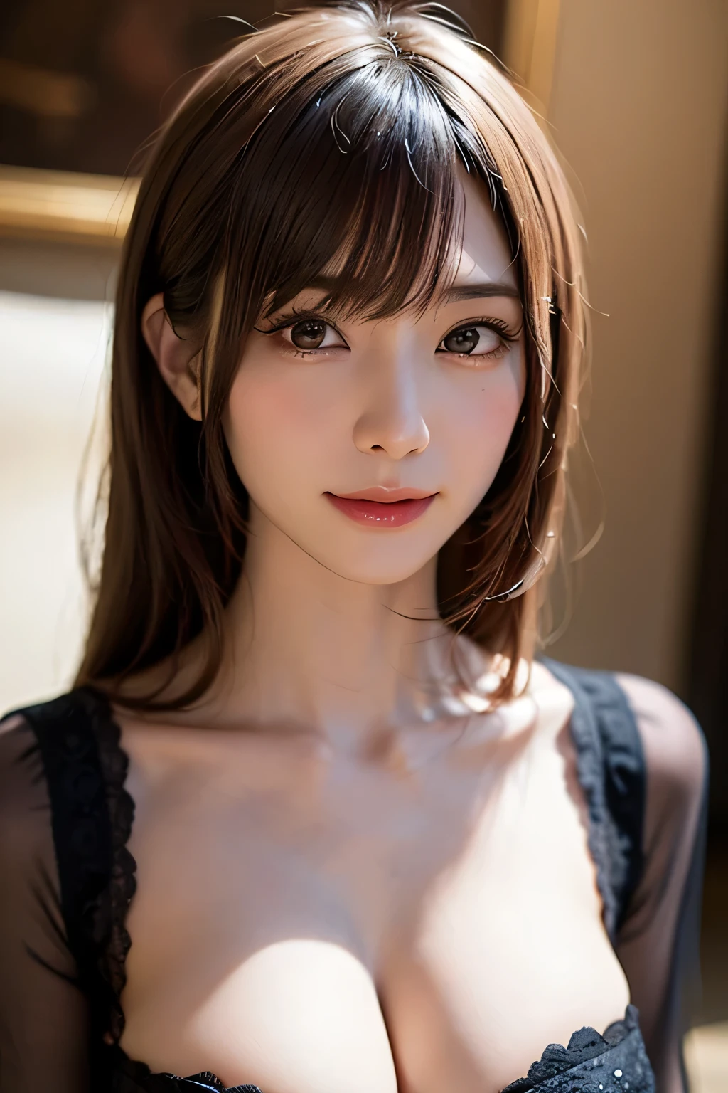 8k,best quality, masterpiece, ultra detailed, ultra high res, photorealistic, raw photo, absurdres, absolutely resolution, (1girl), upper body shot, looking at viewer,a Japanese young pretty girl, hyper cute face, glamorous figure, large breasts,long bob hair,smile,(vampire countess dress, lace choker, velvet gloves :1.3),beautiful eyes,glossy lips, double eyelids in both eyes, natural makeup, long eyelashes, shiny smooth light brown long bob hair, asymmetrical bangs, shiny skin, central image, high resolution, high detailing, detailed hairstyle, detailed face, spectacular movie lighting, octane rendering, vibrant, hyper realistic, perfect limbs, perfect anatomy