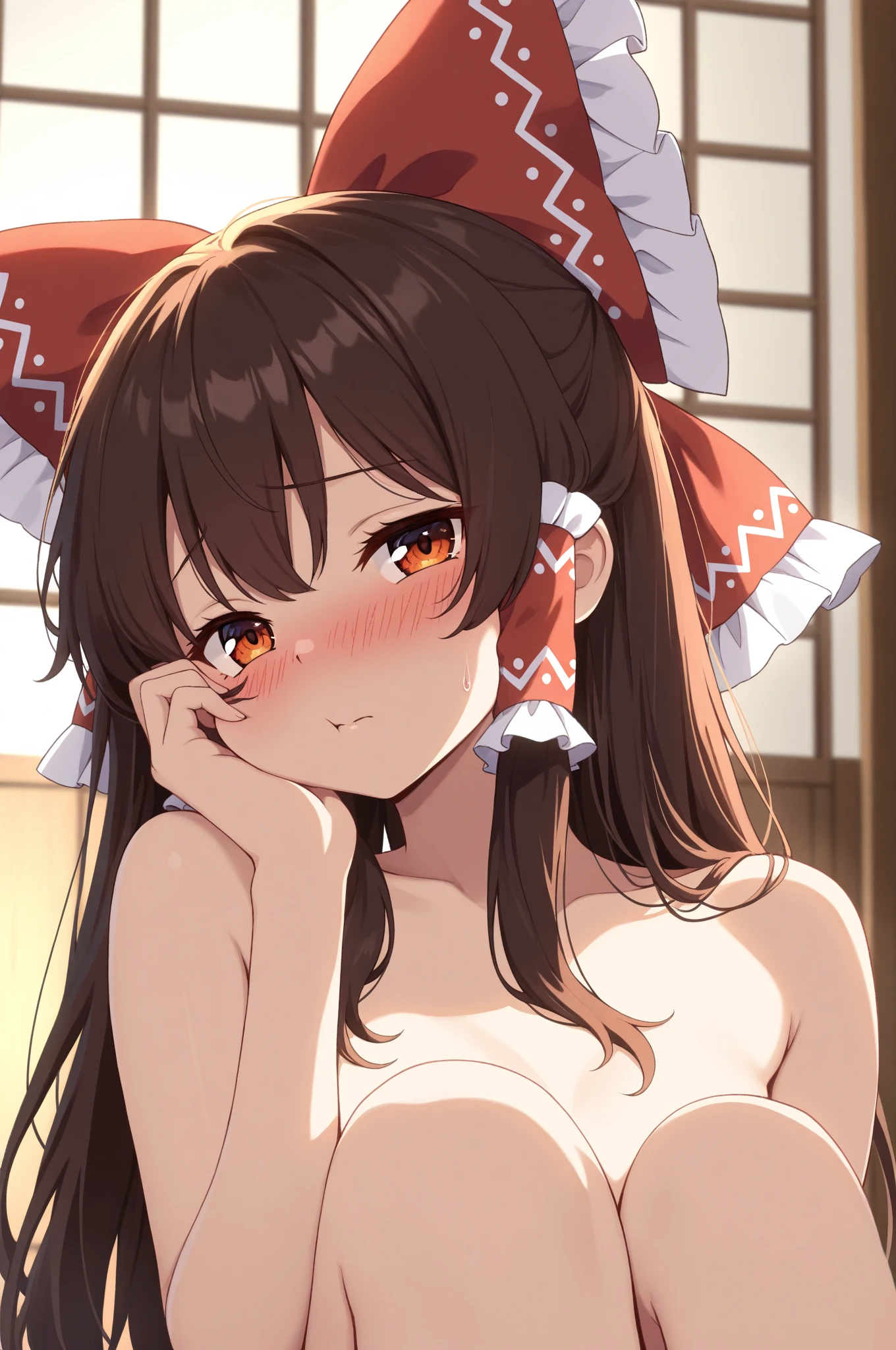 masterpiece,highest quality,High resolution,Super detailed,yes,Long Hair,Braiding,Twin tails,Hair between the eyes,Hair Ribbon,hair ornaments,Slightly large, round breasts,bath,Blushing and embarrassed smile,Sigh,Sweat,Wet,Red Eyes、naked、View from above