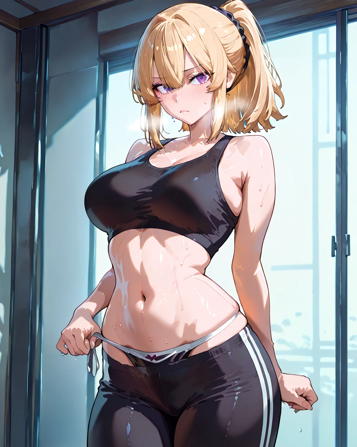 (best quality, In 4K, 8K, High resolution, muste piece:1.2),solo woman,Super detailed, (Reality, photorealistic, photorealistic:1.37), 30 year old woman,ripe woman,Mature woman,At the playground,muste piece, Top quality, Ultra-fine,maximum resolution, Extremely detailed, ((huge breasts, sports bra, leggings)),Cord,Blonde hair,Seductive thighs,short hair, are standing
