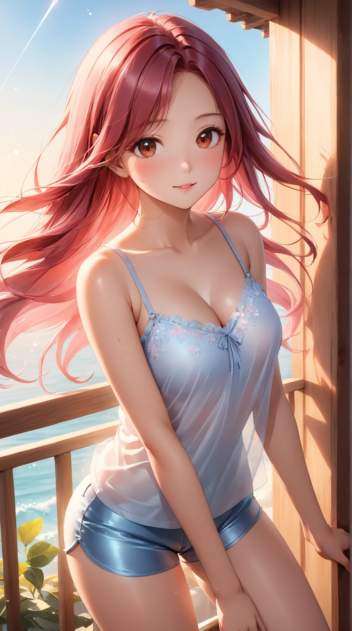 highest quality, 4k, masterpiece :1.3), Beautiful woman, 1 girl, (chest, attractive body :1.2),Gloria Smith
● Eye colour: Firecy red
● Hair colour: Black / Redish orange like flames (After recovery)
● Body size: Hot, Plum, Mature and curvy
● Skin color: fair
● Clothing style: casual, cute, and feminine
● Clothing color: pink and white
● Pose: smiling and sitting in a balcony on a chair
● Picture: single picture