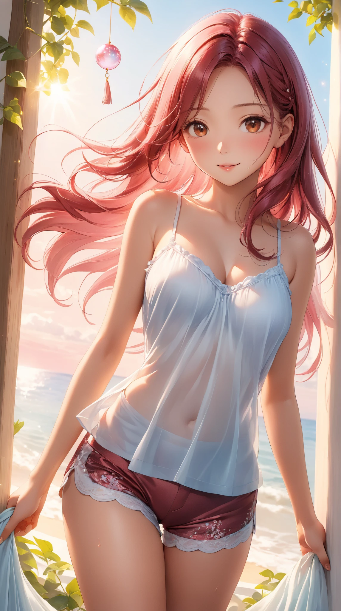 (Masterpiece, BestQuality:1.3), (ultra detailed:1.2), (hyperrealistic:1.3), (RAW photo:1.2), High detail RAW color photo, professional photograph, (Photorealistic:1.4), (realistic:1.4), professional lighting, perfect anatomy, (Big Breasts:1.2), (blush, detailed face), (cheerful Smile:1.5), Trending Hair&Trending Hairカラーをランダムに, earrings, necklace, bracelet, sexy, erotic sexy, Random sexy gravure poses, (Beautiful woman in a white blouse and jeans。Background is a beach sunset。A romantic smile on her face。Her hair is long and wavy, with pink hair.。The pose is looking out at the sea。:1.3)