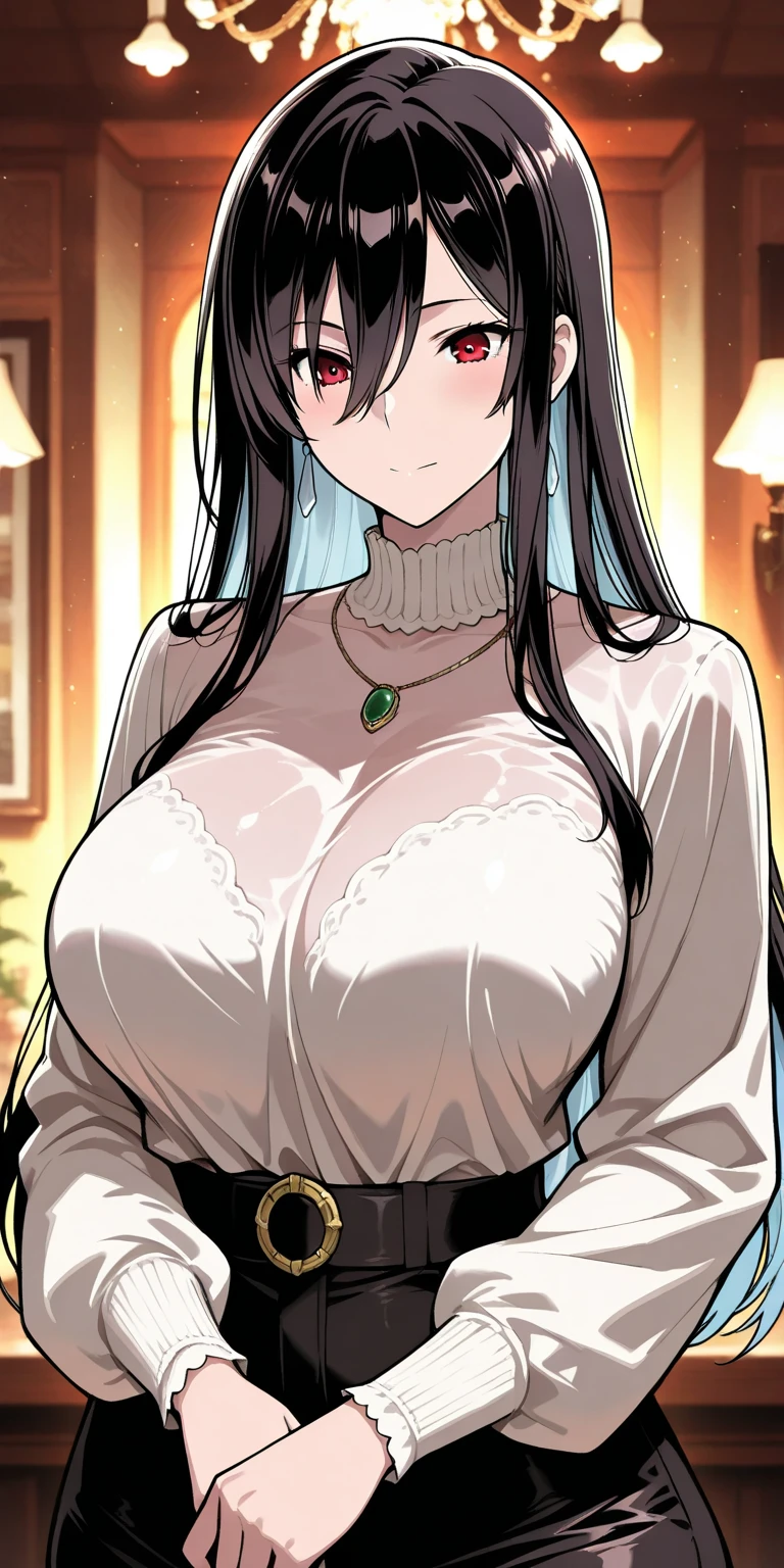 maman anime, very big breasts, chemise blanche, Jupe noire, cheveux long noire, coiffures queue de cheval, Visage sexy, style anime, dans le salon, dans un appartement, corp en sablier,   cuisse moelleuse, sexy, Visage calme, habit de bureau, Soir, 4K, Disque dur, clenched teeth, envie, frustrated, Ray Tracing, reflection light, Detailed realistic painting, Detailed realistic painting, full body, personnage au centre de l'image