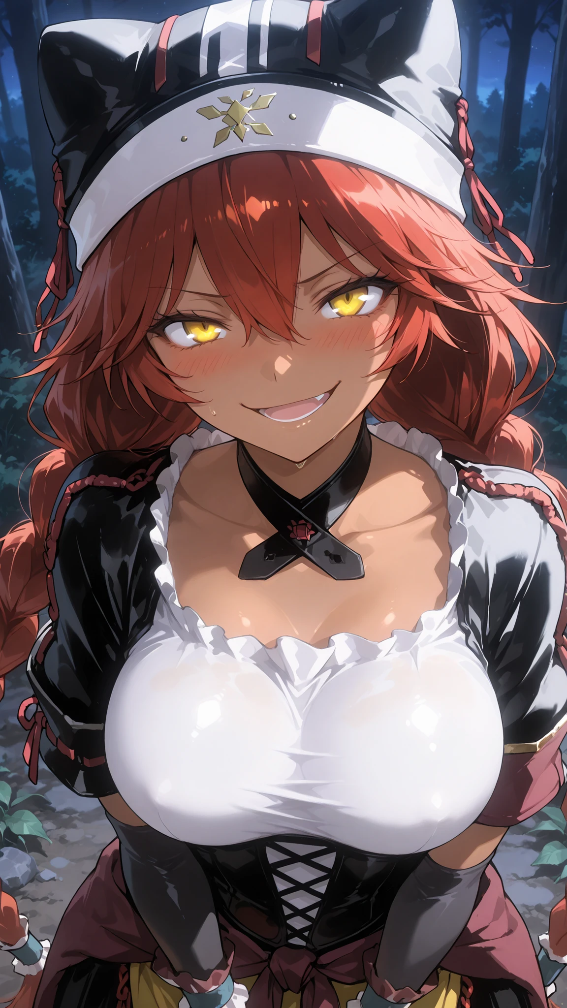 Lupusregina_Beta, overlord \(maruyama\)
High quality , best quality , masterpiece, High Resolution , detailed face( LoRA: Lupusregina),anatomically correct, detailed hair Style( LoRA: Lupusregina),anime Coloring
red hair, twin braids, long hair, hair tubes, yellow eyes, hair between eyes, dark skin, dark-skinned female
Black maid uniform, underbust, hair tubes, black animal hat, black choker, white shirt, taut shirt, black corset, puffy short sleeves, elbow gloves, black bridal gauntlets, wrist cuffs, clothes around waist, yellow apron,large breast,
looking at viewer , close-up,from above
forest,night,
open mouth, sadistic smile,blush,smirk