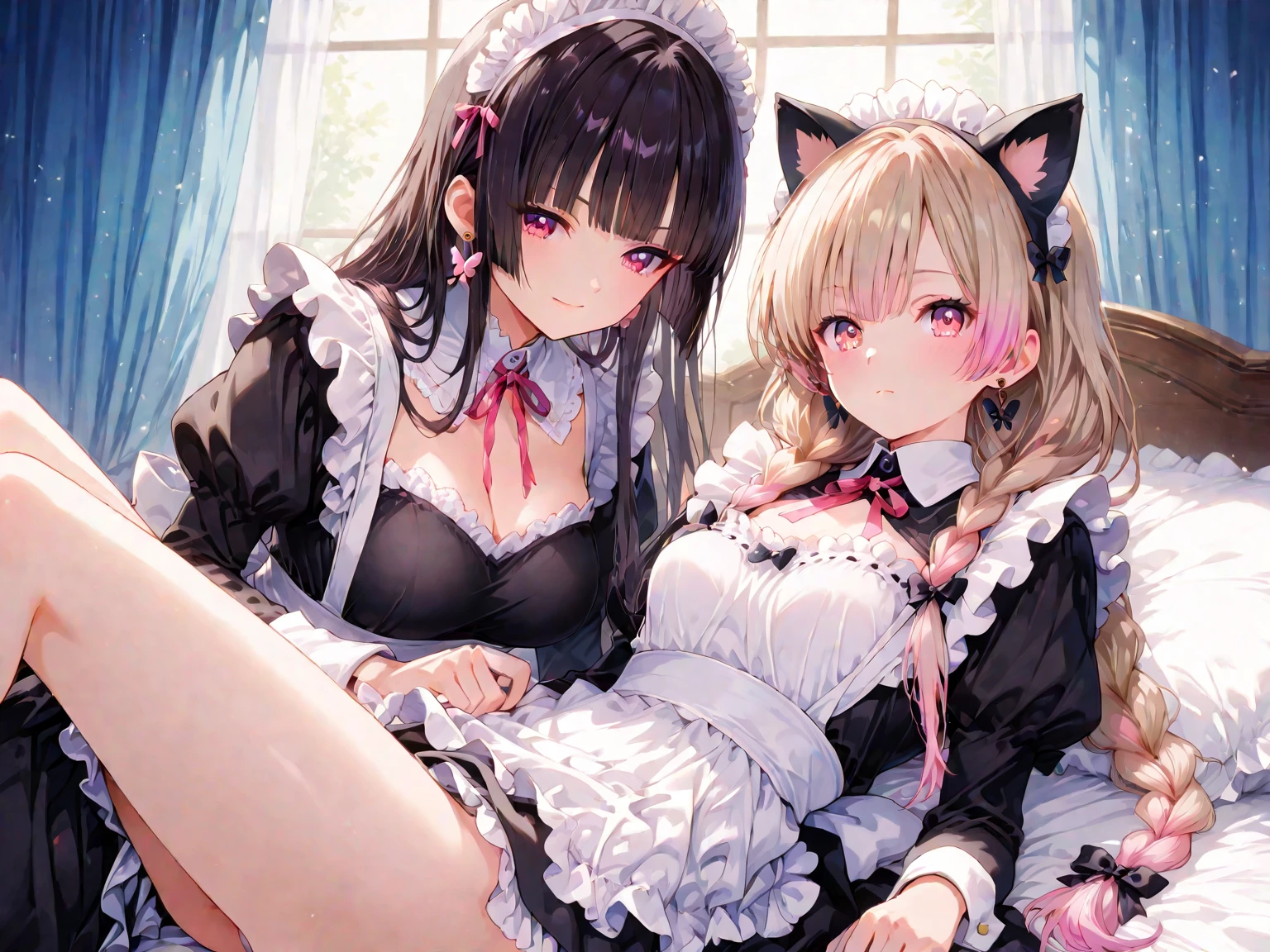 Taiwanese girl 18 years old with baby face and big breasts Asian woman wearing white shirt and black shorts lying on yoga mat，Anime Girls Cosplay，cat ears and tail, cat ears anime girl, Ahri from League of Legends is a girl wearing a maid outfit，have big breasts，There are three women in maid costumes，Doing push-ups on mat in gym，charming depiction，Lively and dynamic