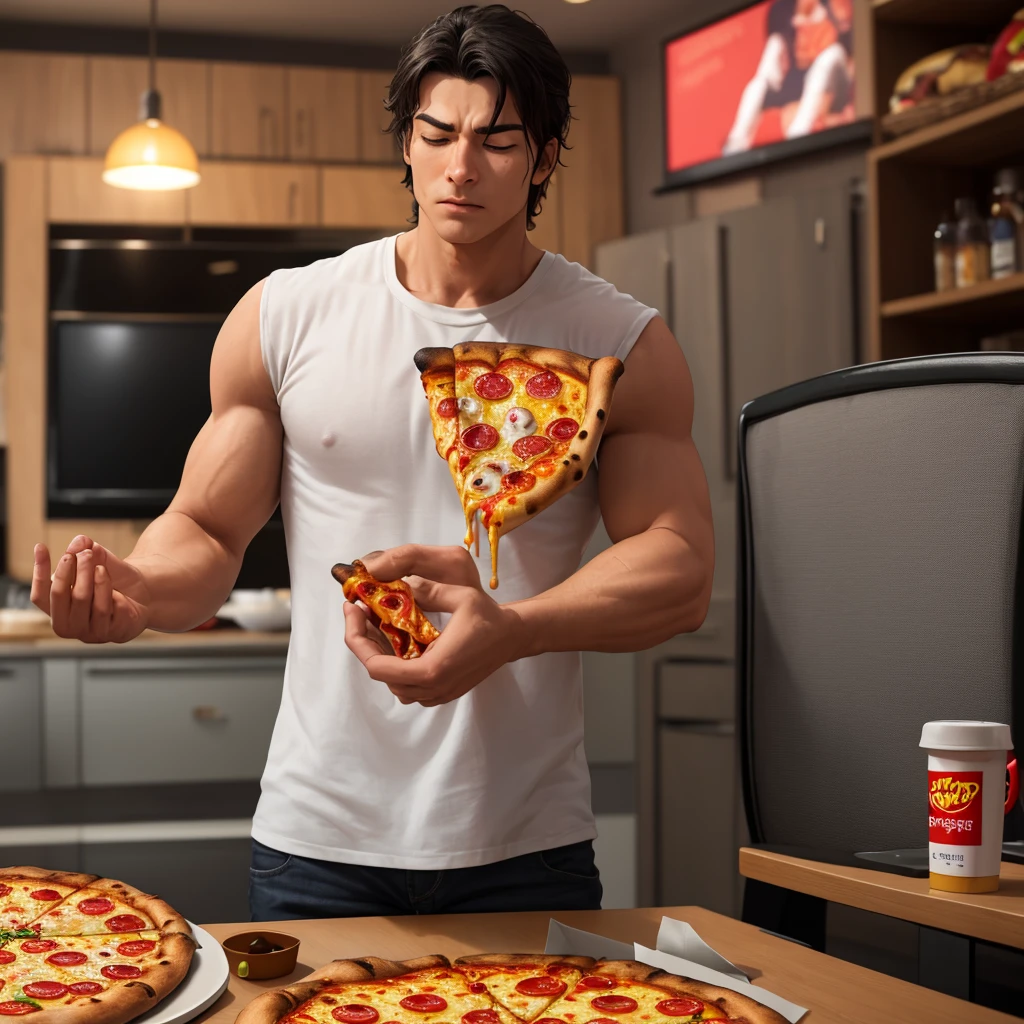 catboy, animal, Grinning, eating pepperoni pizza, using, White tank top, cutlery 