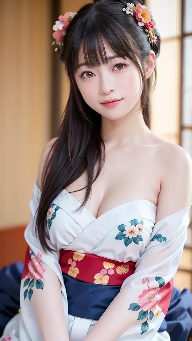 (8k, RAW photo, highest quality, masterpiece: 1.2), Super detailed, super resolution, (genuine, genuine photos: 1.37), portrait, High-definition RAW color photo, professional photos, 非常に詳細で美new, very detailed, 8k wallpaper, amazing details, huge file size, official art, very detailed CG Unity 8k wallpaper, very detailed beautiful girls, very detailed facesHighly detailed eyes, Very fine skin, very detailed fingers, very small nose, very detailed detailed mouth, perfect ???????, detailed background, fine clothes,20th generation, cute girl, genuineistic body,  white skin, glowing skin,  (dull bangs: 1.2), smile, cute, like々new, cute face, genuineistic face, delicate eyes, sagging eyes、(red black and white image 3.1)、(Kimono 1.2)、(Oiran 1.2)、(悲new表情), ((sexy and dynamic pose)), earrings, looking at camera, Contrapos, dynamic lighting, G cup breasts,big breasts、whole body、(View of the Japan garden at night１.2)、(Expose 1.2)、(Short furisode 1.2)