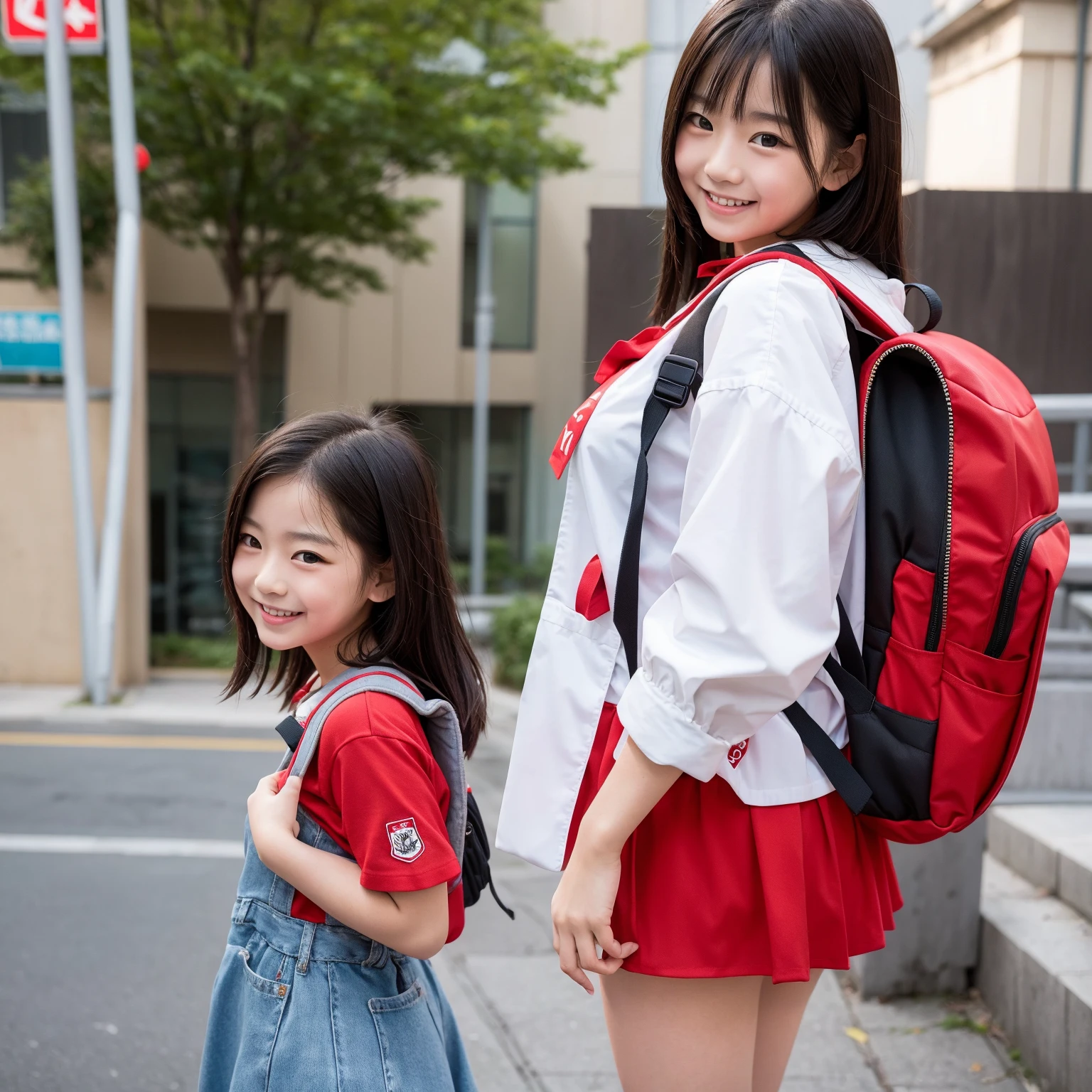 (8k),(masterpiece),(Japanese),(8-year-old girl),((Innocent look)),((Childish)),From the front and above,smile,cute,Innocent,Kind eyes,Plain T-shirt,Short sleeve,Blue checked short skirt,(Carrying a red backpack),semi-long,Hair blowing in the wind,Black Hair,Somewhat strong wind,noon,bright
