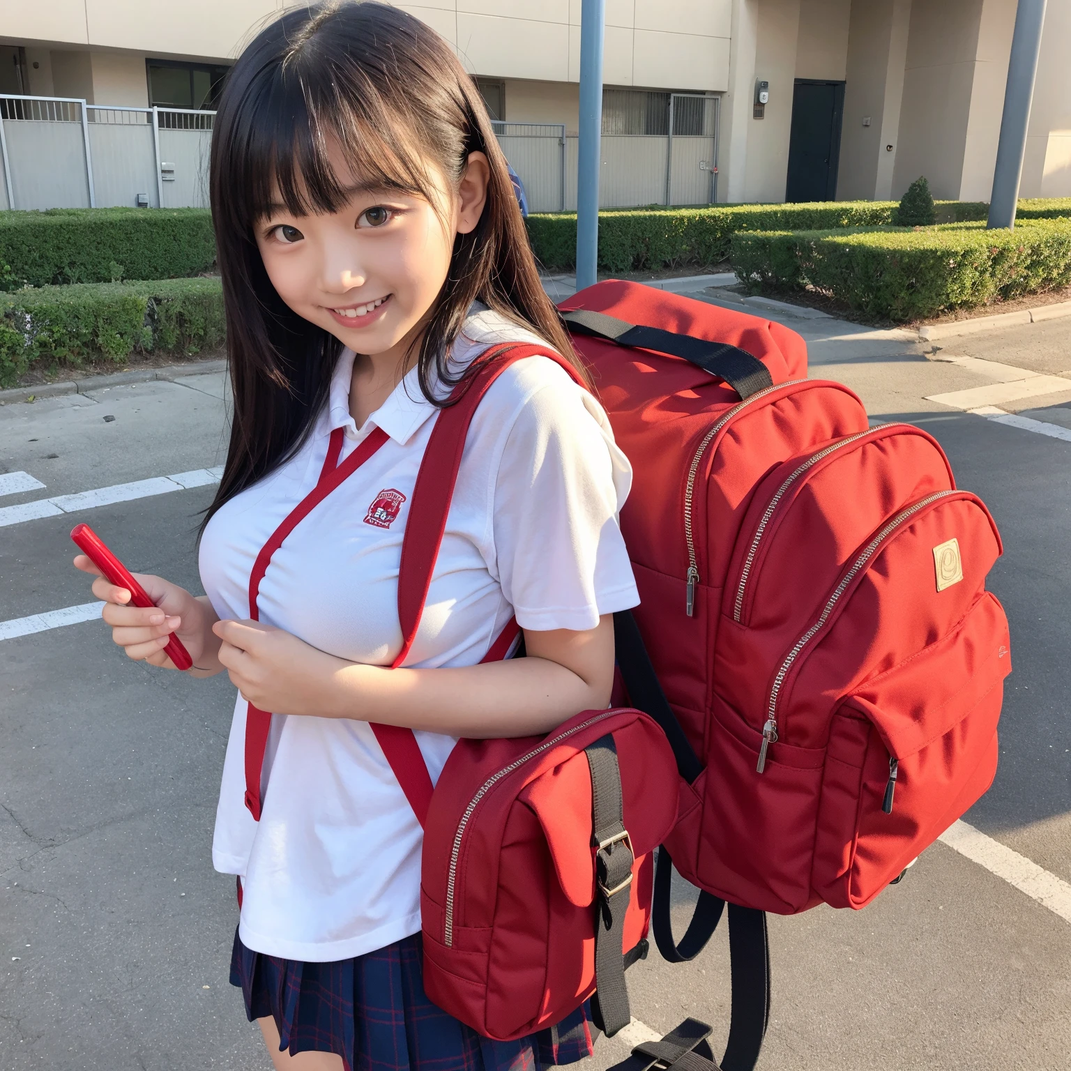 A girl with floating bangs、Red School Bag、Playing a recorder、Fluttering Skirt