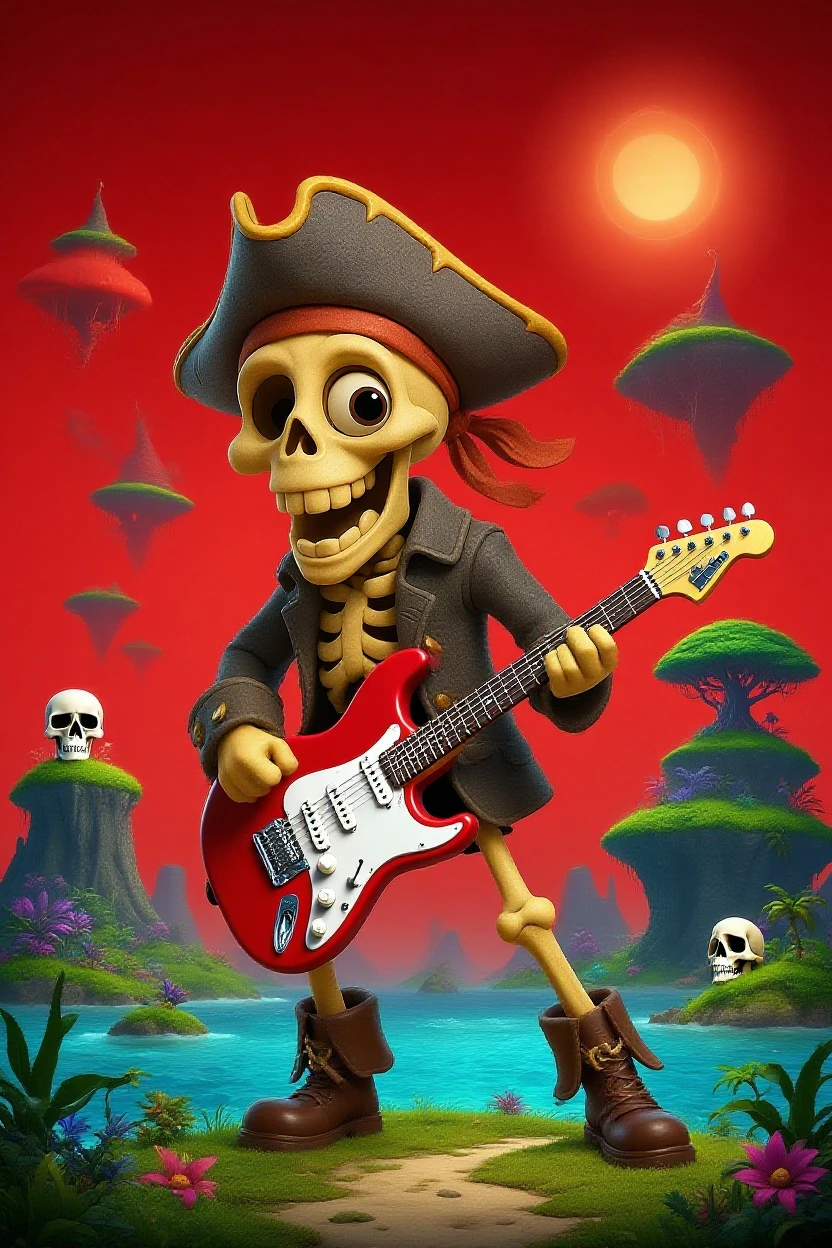 Mexican cap,guitar,Cartoon skeleton,celebrating day of the dead,((3d effect)),pixar-style,rendering by octane,High ambient light contrast,Left Blue Right Red,high qulity,(((Cartoon castle with cartoon Cthulhu monster background))),Candy from the sky,