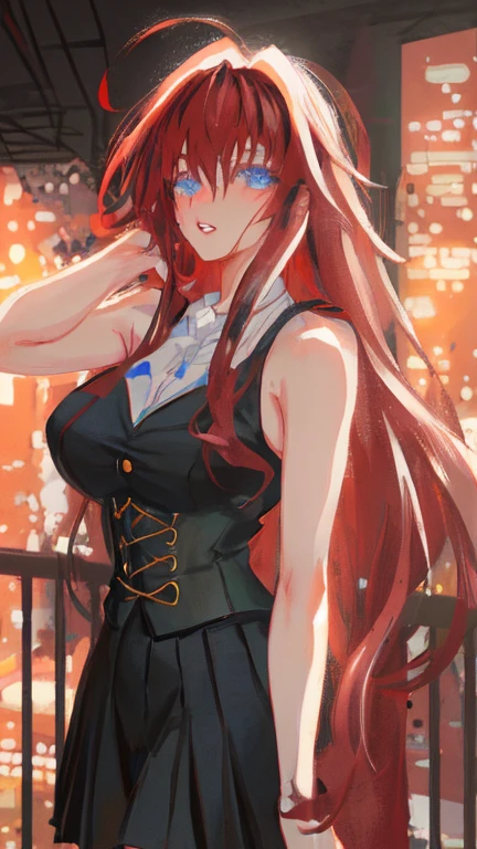 (Masterpiece:1.2, high quality), (pixiv:1.4), (1girl:1.2), (solo:1.2), Illustration, (smile:0.8), ultra HD, (Miku nakano), (mature:1.2), long wavy hair, bangs, bangs over eyes, crystal blue eyes, (detailed eyes), double eyelids, black eyeshadow, glossy lips, smiling, slightly exposed cleavage, collarbone, (headphones), loose sweater over shirt, green skirt, stockings, leaning on wall, dynamic pose, street, japanese street, road, blur background, (detailed face), 4k, ultra-detailed, (highres:1.2), intrinsic details, vivid colors, high contrast, dynamic lighting