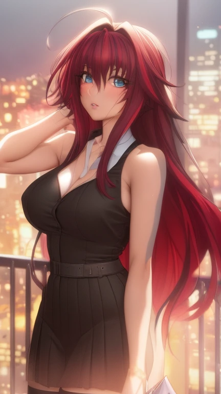 An anime girl with red hair and blue eyes wearing a skirt and an open shirt revealing a black and red bra