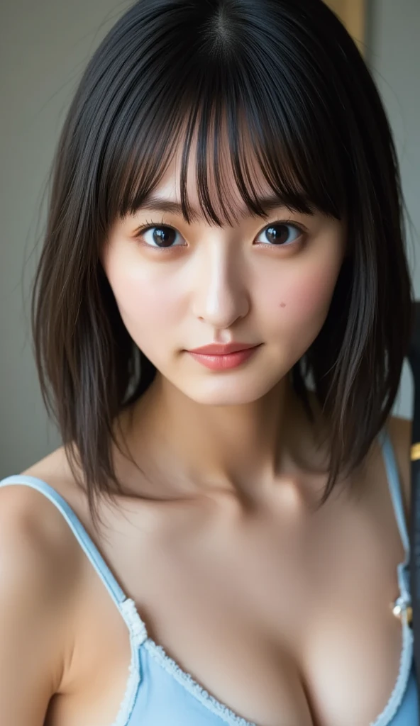 (Dark blue turtleneck sleeveless knit)、pencil skirts、Japanese idol, (19 years old), breasts of medium size, Tron bulge in the chest、Puffy nipple、Pinch your chest with your arms、brown haired、Long Wave Hair, a necklace、Earring、knee high stockings、 Hotel Bed、lyin in bed、((Very detailed)), Shy smile、Kamimei、(Perfectly detailed face), (Well detailed hands) Photorealistic images、full body seen、emphasis on the buttocks