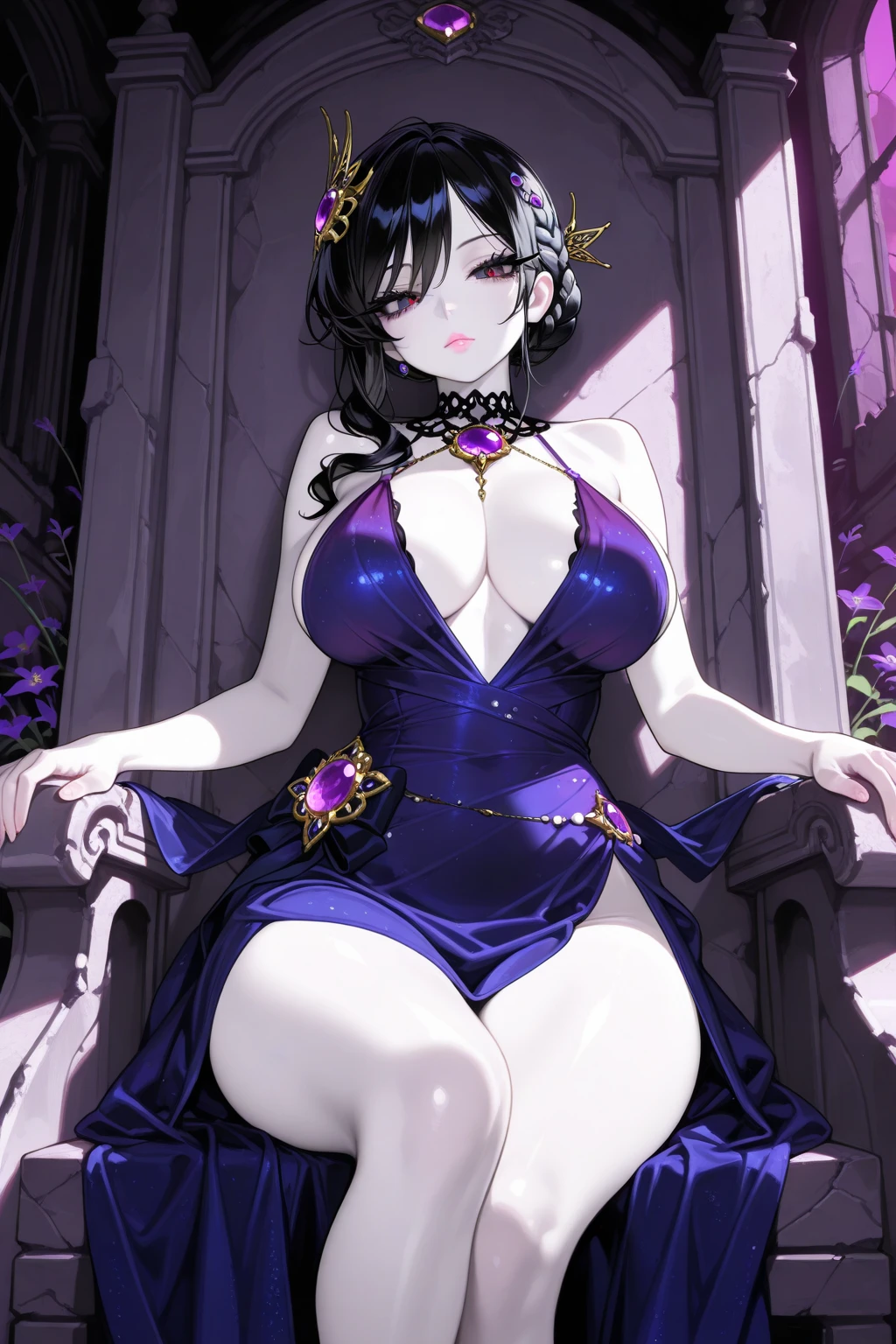 ((highest quality)), ((masterpiece)), (detailed), (Perfect Face)、The woman is Shinobu Kochou and has purple hair.、Wearing a gorgeous shiny purple see-through wedding dress, a purple see-through wedding veil, and a purple see-through cape、Wear jeweled earrings and necklaces, bracelets and ankles, and jeweled waist chains and head chains.、She wears shiny purple high heels、The wedding is held at the wedding hall