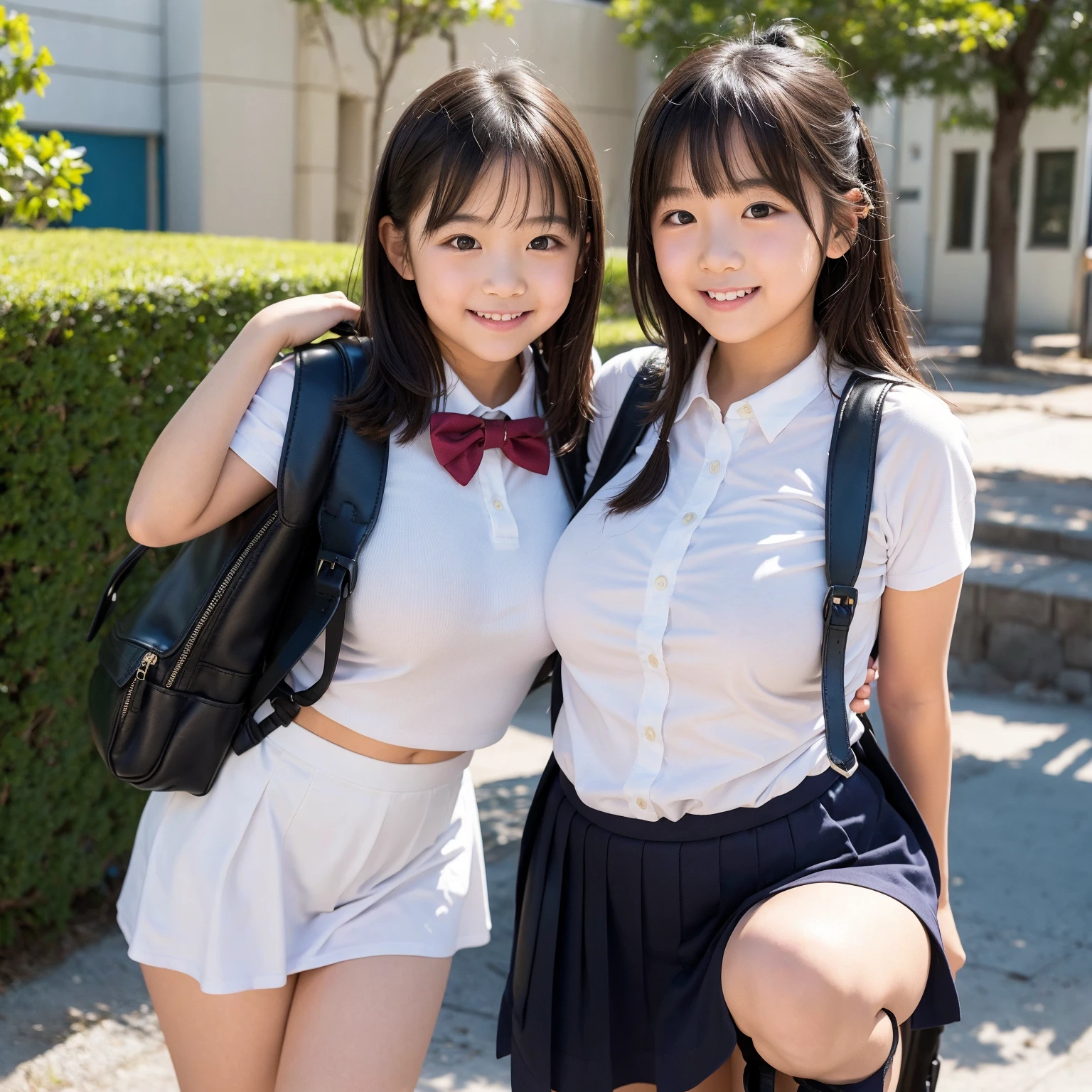 Best-quality, masterpiece, Ultra-high-resolution, (Photorealsitic:1.4), Raw photo, ((1girl, Solo, A Cute Japan high school student, (White Y-shirt, Black pleated mini skirt))), Big breasts, Small buttocks, Smile, Amazingly cute face, extremely beautidful eyes、White skin, Detailed skin
