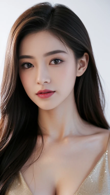 She is a beautiful girl，She has a tall nose and brow bone，She has delicate facial features，Deep eyes，rosy lips，Fair skin。 Her facial features are very three-dimensional，Especially the big eyes and high nose bridge are impressive，Her skin is very delicate，No visible blemishes and acne marks，Smooth and tender。She has a curvy figure。Her temperament is very fresh and unearthly。He has long black hair。Wear a taupe knit short open and a white dress。 4K Ultra Clear，Very detailed，tmasterpiece，Need，Pictures when taking photos。