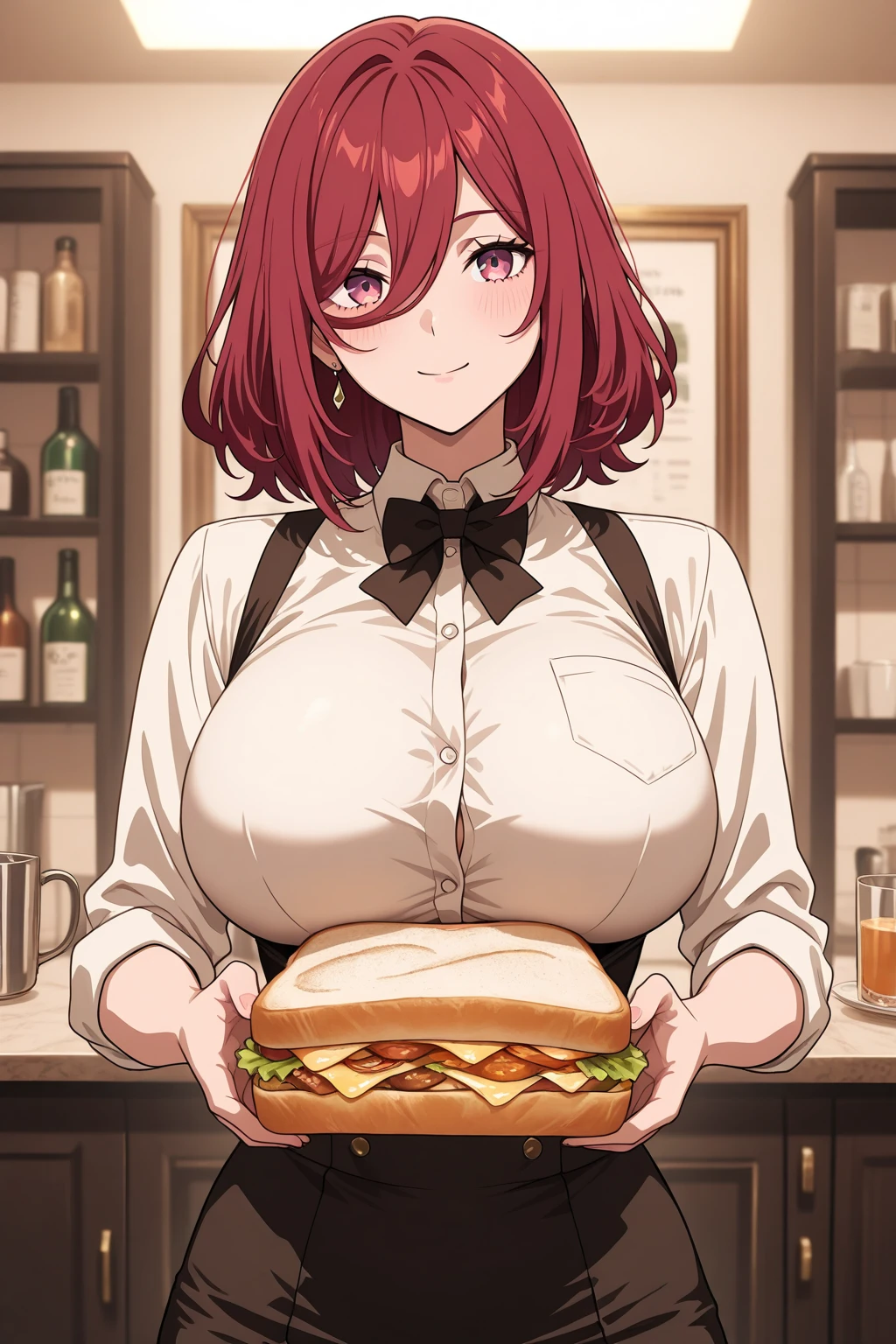 masterpiece, highest quality、Medium wide shot、1 Mature Woman、aty, long hair, blue eyes, red hair、((Big Breasts、Huge breasts))、Glasses、laughing、Having a meal、picnic、Picnic、、Watching the audience、