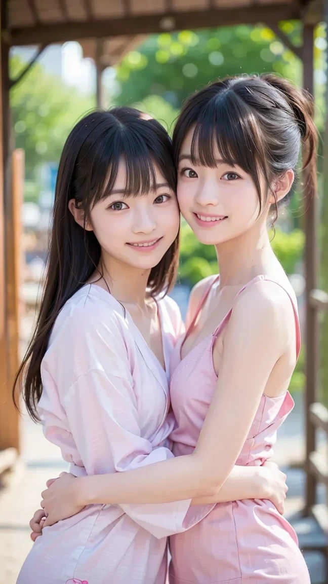 Front composition,ultra best quality、masterpiece、超hight resolution、depth of fields、(Photorealsitic:1.4)、(awardwinning photo、信じられないほどのmasterpiece:1.3) 、Raw photography、the golden ratio、the Extremely Detailed CG Unity 8K Wallpapers、Detailed and complex、Original、hight resolution、Raw foto、(perfect body type)、Detailed and complex、Digital SLR、softlighting、(background person blur:1.1)、SIGMA 85 mm F/1.4、50mm Lenac lighting、nffsw、hyper realstic、Color Grade,(2girls, Same height :1.2) ,couple focus , Japanese 13 year old cute girl , (Smile:0.7), Stand next to each other , At the shrine of Japan,full bodyesbian構図, New Year Japan(New Year's visit scene),Beautiful furisode,二人は日本のBeautiful furisodeを着てツーショット(full bodyesbian) , Grinning smile, Very Shorthair , (High color saturation:1.0), (highlydetailed skin), (Best Quality:1.0), (超hight resolution:1.0) ,(photographrealistic:1.0), (ultra-detailliert:1.0), (8K, Raw photo:1.1)