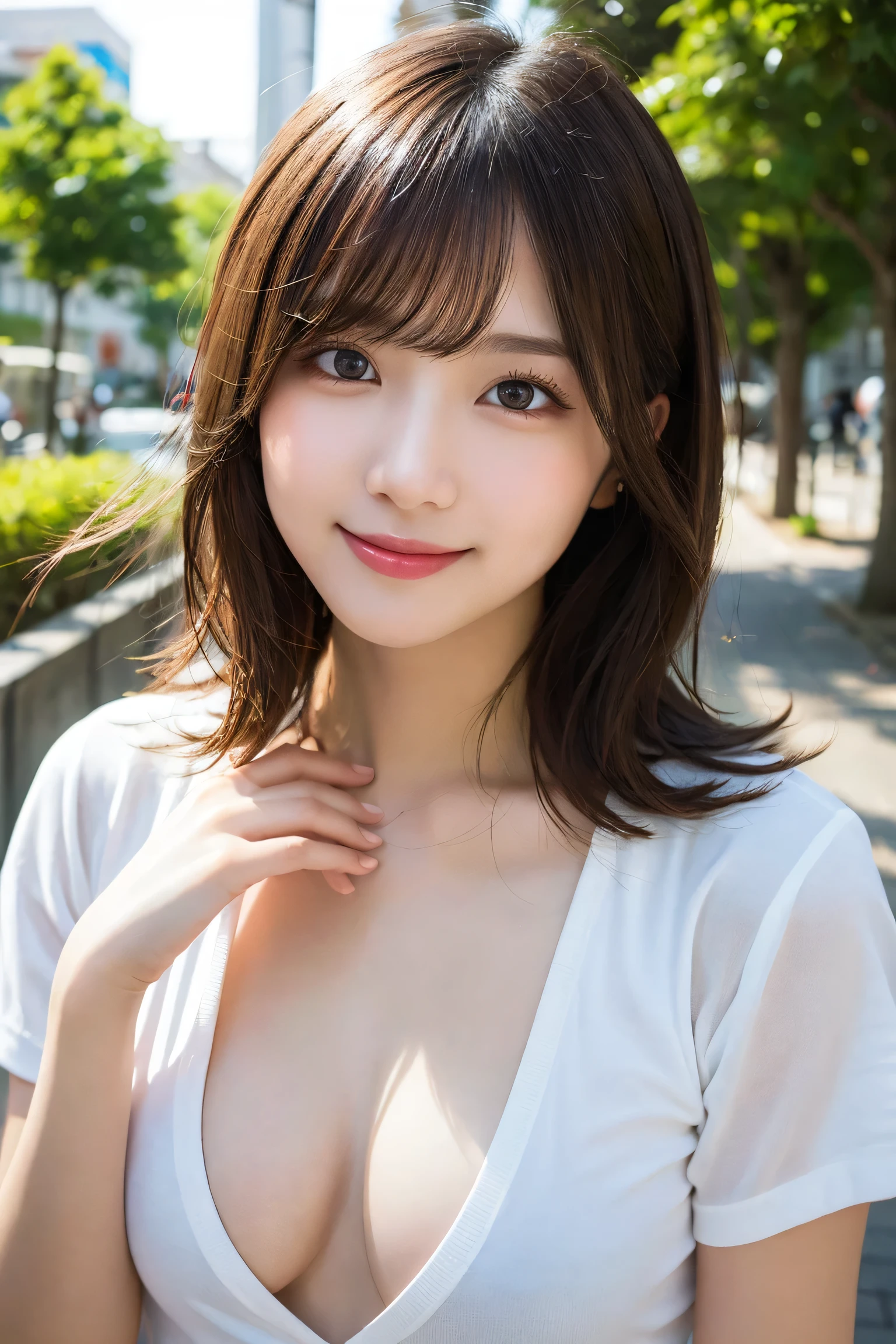 ((cute日本の女の子、beautiful japanese girl、1 girl、clear、19 years old、ponytail、Highly detailed face and skin texture、refinement、super detailed face、highly detailed eyes、Lee Hong、blush、cheek、ピンクのcheekを塗ったcheek、close-up of woman、 from the neck up、 Close to the camera、 positive face、Forward-facing body、look at the camera、front、cute、smooth white skin、Transparent skin texture、))、(dark brown hair、bangs)、beautiful woman with perfect style：1.4、japanese model、young gravure idol、若いcuteグラビアアイドル、Realistic young gravure idol、refinementされたグラビアアイドル、((highest quality、8K、masterpiece:1.3、１photograph))、(4K、RAWphotograph、highest quality)、(realistic、フォトrealistic:1.37)、Place someone on the other side of the screen、Natural light、professional lighting、F cup、big breasts、big breasts、Beautiful and well-shaped breasts、