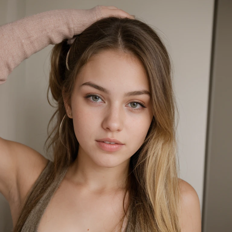 Symmetrical, High Detail RAW Color Photo Professional Photo, [:( High Detail Face: 1.2): 0.1], chloe grace mortez 18 year old female model, pores, real skin, large breast focus, shining eyes, looking at the audience, lens flare, shadow, bloom, natural lighting, hard focus, film grain, photographed with a Sony a9 II Mirrorless Camera, realistic, post-processing, maximum detail, beautiful thin blonde teen, large breasts
