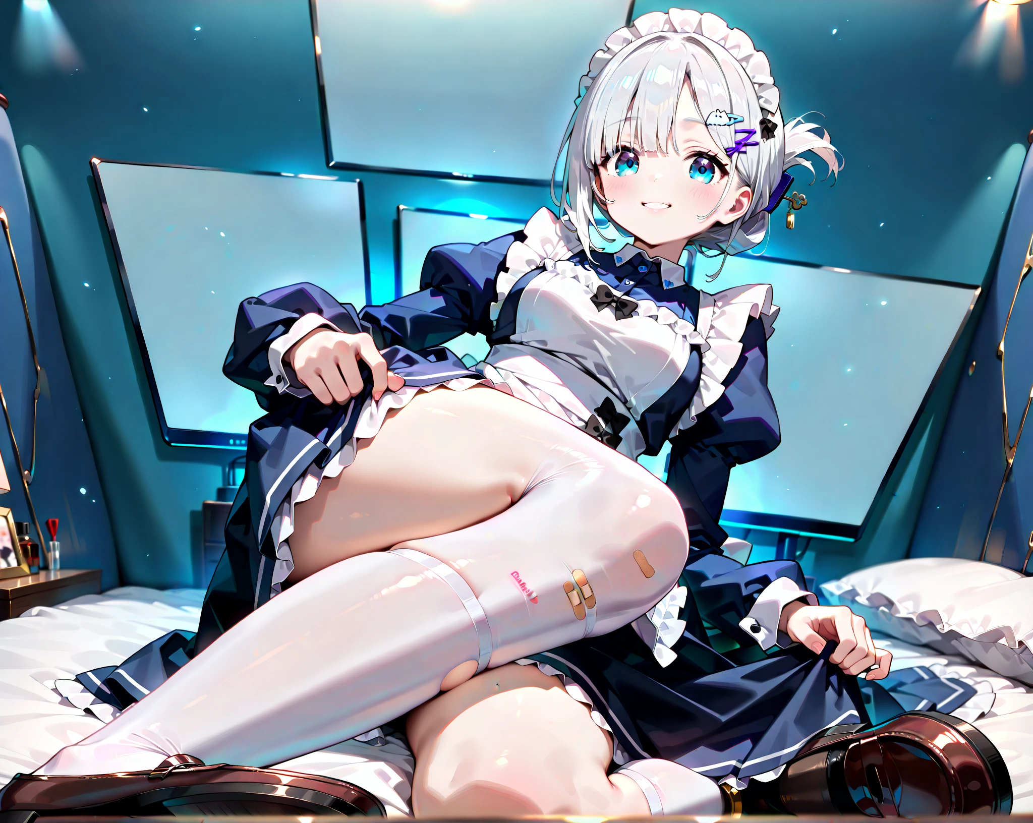 1 beautiful girl excellent quality perfect anatomy vtuber white hair light blue eyes long stockings in the room rgb led pc gaming full body Mini skirt small breasts