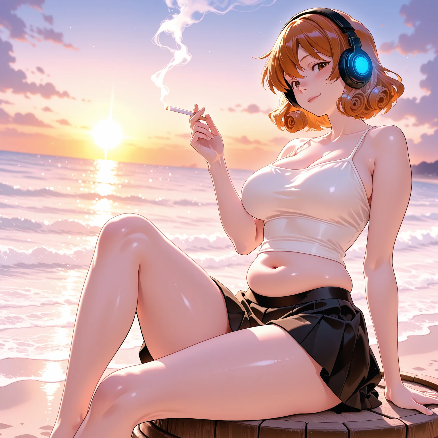 ((masterpiece)), ((best quality)), 8k, high detailed, ultra-detailed, A woman in a bikini at the beach, (large breasts:1.3), full body shot, wearing beach accessories, enjoying coffee, listening to music with headphones, evening setting, lofi atmosphere, woman, bikini, beach accessories, coffee, headphones, evening, lofi vibe