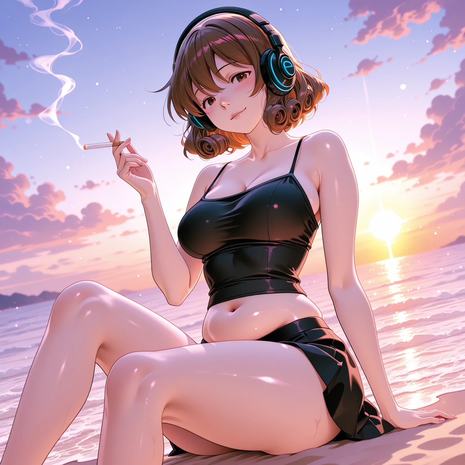 ((Top Quality)), ((Masterpiece)), ((Details)), perfect face, perfect body, sitting by the beach, listening to music, wearing headphones, wearing swimsuit, transparent swimsuit, wearing clothes exposing tight hips and breasts Woman with face visible, sitting with legs apart