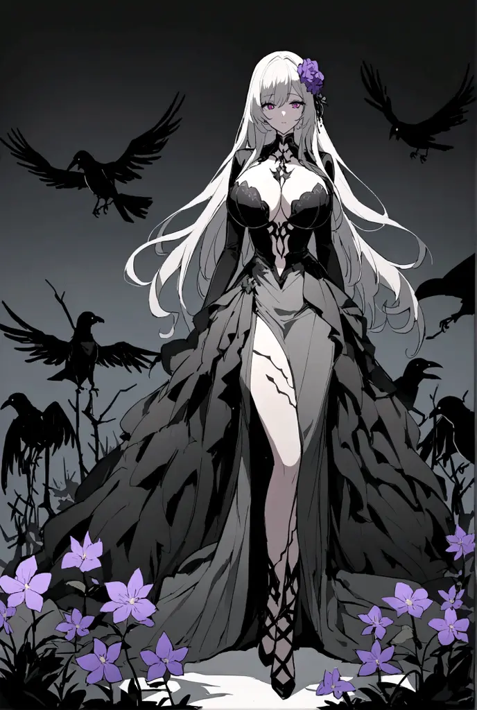 A beautiful anime-style girl with long hair and a purple flower、Face of Sadness、Sad beautiful girl、A beautiful girl with a well-balanced and glamorous body、A beautiful immoral girl in a provocative black and grey dress、Full Body Shot、Crow、Undead、chaos、mystery、graveyard of darkness。