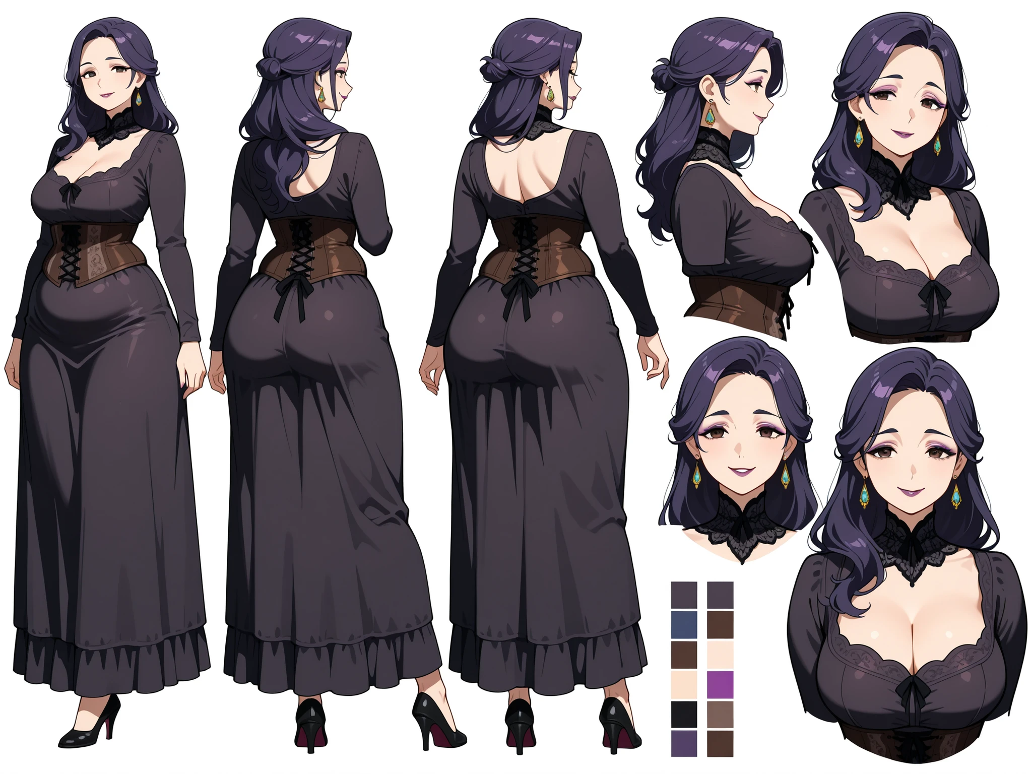 Masterpiece, best quality, character design sheet, ((mature goth woman)), clean lineart, multiple poses, makeup:0.7, loose hairstyle, hazel eyes, long hair, dark violet hair, white background, plump curvy figure, color palette swatches, front view, side view, back view of character:1.2, animation-ready style, eye smile, victorian inspired corset dress, drop shaped earrings, clean professional layout, partially obscured heels, forehead, detailed outfit