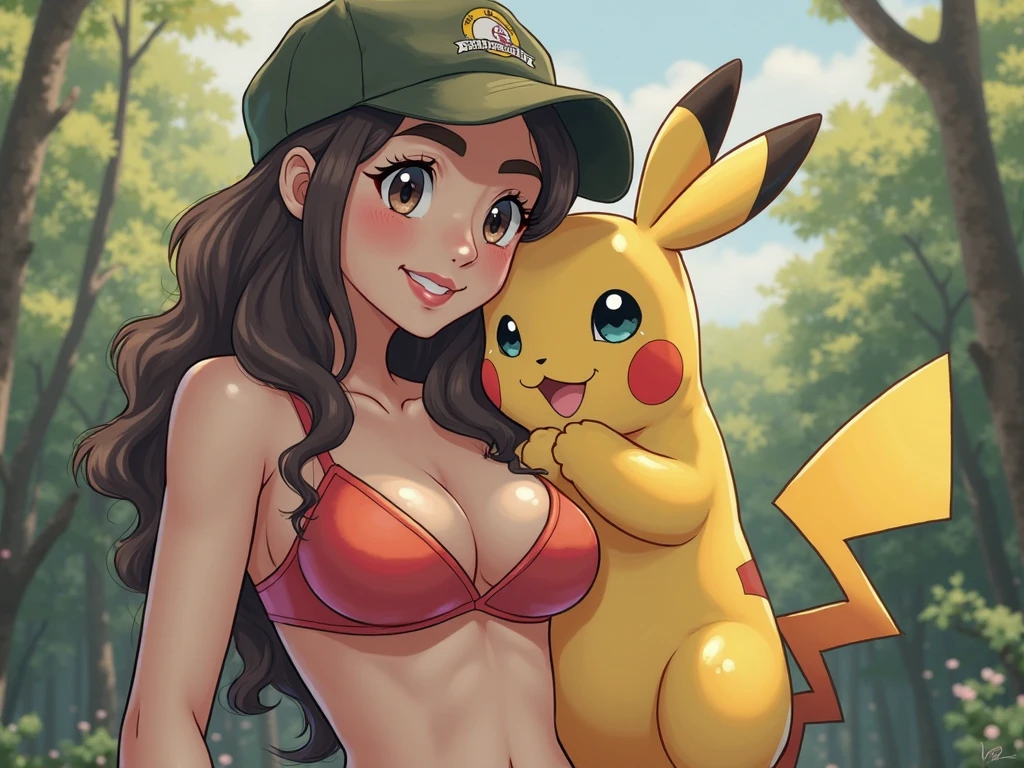 A determined cute woman pokemon trainer, tosses out her pokeball summoning a confused naked woman in pokemon boots and ears, crowded park in daytime