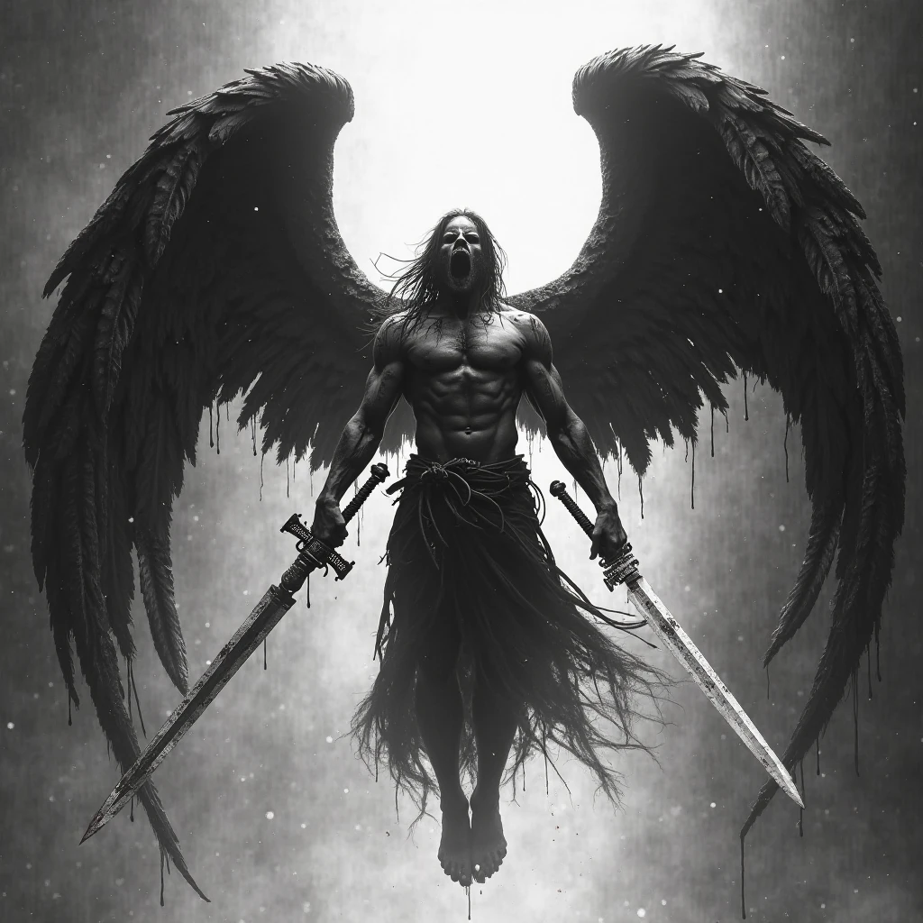 A painting of dark fallen angel Lucifer surrounded by dark wings, black and white Möbius strip, spinning and tumbling white wings and dark angels, deathcore style, layered image with subtle irony, Himalayan art
