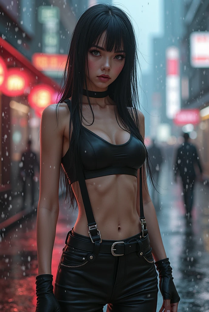 nsfw,1woman,solo,Perfect Anatomy,20year old beauty、black hair,long  hair,blunt  bangs,black eyes,slender body, smaller head、ideal ratio body proportions,medium breasts,injury、red bruise:1.2.bleed,punk rock fashion、painful expression、torn clothes、Black tank top、Navel is visible、black leather micro miniskirt、thigh_gap, black_thighhighs,standing,Hiding in the shadows、Warehouse district、Trade port、Tokyo、at night、moonlight、