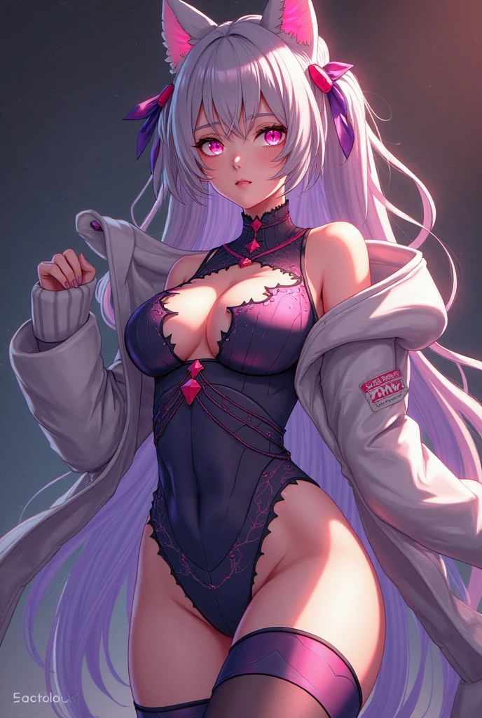 ((Best Quality, Masterpiece)), Detailed, Realistic, 1 young woman with white long curly hair, inform, 25 years, (evil smirk:1.3), (violet eyes:1.3) (Athletic woman:1.5), (Abs:1.3), (shapely body:1.5) (Huge-breasts)), (eye shadow), 鎖骨, (Elastic breasts:1.4), (Luxury bodysuit underwear:1.3) (purple lace underwear:1.6), (purple lace stockings:1.3), (purple lace gloves:1.3), (gray gradient background:1.3) (hands on breast:1.3) (Squatting:1.3), (spreading legs:1.3) (cameltoe:1.1), (artificially visible vulva:1.3) (Detailed image, hiquality, HDR, tmasterpiece, ultra detail) (realistic image)