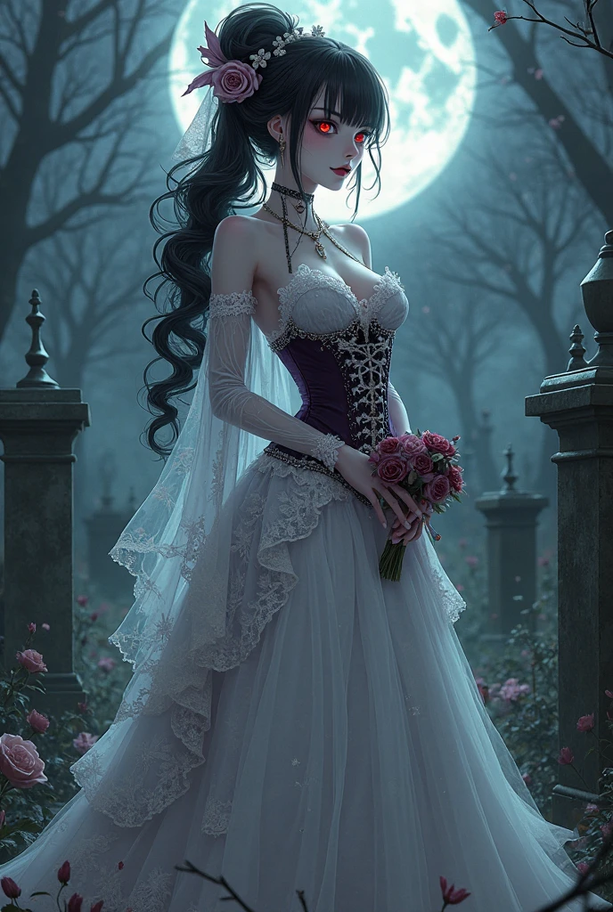 In the night graveyard near the open coffin standing beatiful pale bride female, she have pale skin, beatiful face with silver eyes dark red lipstick black eyeshadows and black tear trace on her face, her haie is black as the darkest night, she dressed in old wedding dress with holes and blood stains and bare feets, in her hands she holding withered black rose bouquet, she have greennish glow aura around her, there is blood moon in the sky,(ultra high quality fantasy art, ghothic dark fantasy style, masterpiece, ultra high quality character design, 8k quality anime art, realistic anime art, top quality wallpaper illustration, detailed ultra high quality accurate face, high quality design and accurate physic)