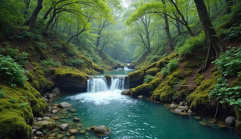 A hidden spring deep in an ancient mountain forest, with crystal ...