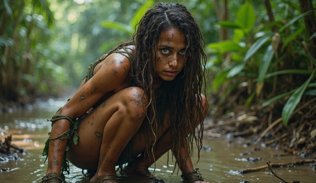Gray Sky, Sinister Day Light, Woman wrestling medium Day Light, At the bottom of a deep pit, drowning in a swamp. (standingn). Danger. The surrounding rain forest is dense, Sinister and gloomy, Casting strange shadows on the ground. Impending Doom. luna, Hidden behind heavy black clouds,,,,,,,,,,, ( High Stage Lighting). The woman is emaciated, Her muscles cramped. her hair is messy, full body up close, fully naked and dirty, Stained with mud. She looks like a creature from a horror movie, She found herself trapped in a medium day light and hostile environment with no hope of escape, Loses control from ecstasy