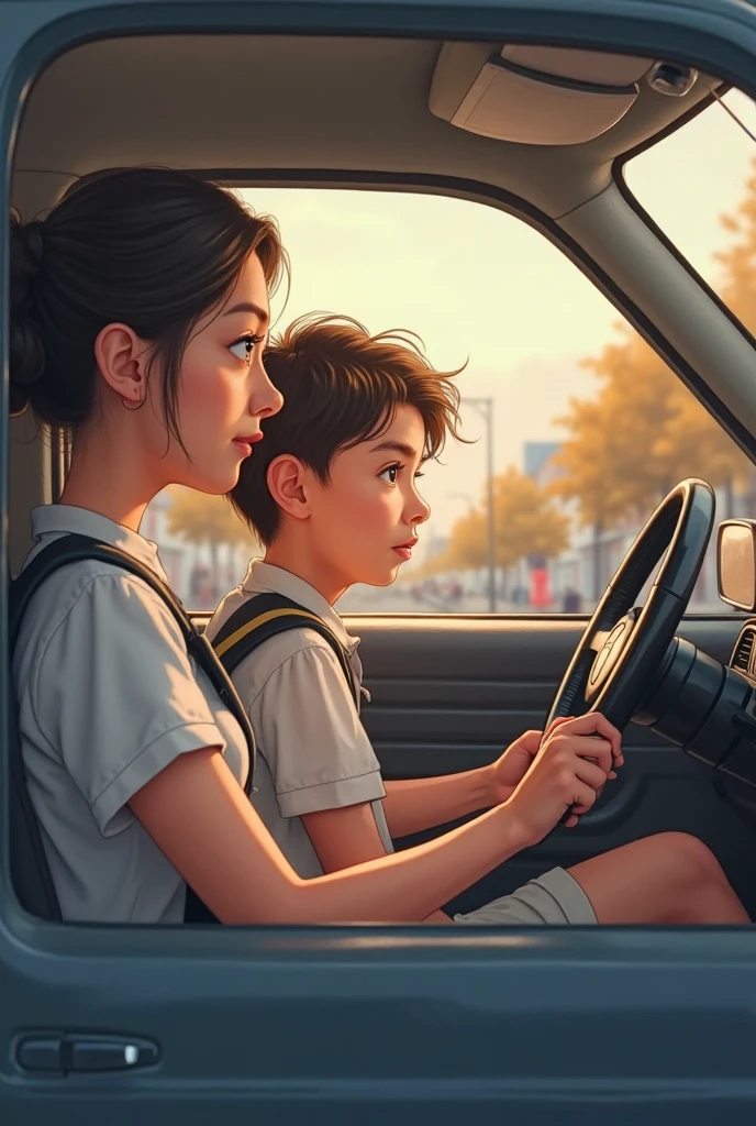 mother drive car, ren sit front seat, father sit back seat