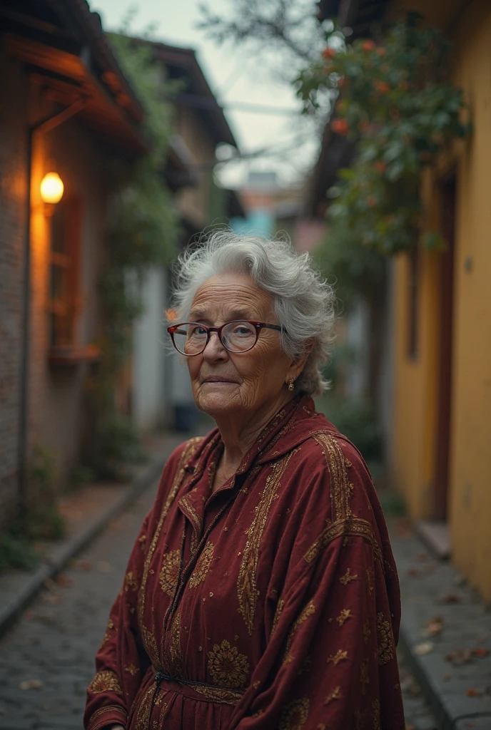 A 65-year-old woman wearing glasses, skinny weighing 45 kilos distributed in a body with 170 centimeters tall, with small, sagging breasts, wide hip, thick legs and thighs. She has an expressive face with lines of time from age, small mouth, brown eyes with a serene and suffering look, light brown eyes and wavy hair. She is wearing a long black skirt and has both hands holding a totally open white social shirt totally exposing her beautiful totally naked breasts, and is leaning against a wall in an alley in a Brazilian favela at night.