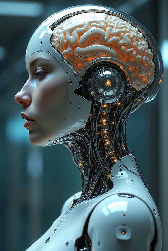 cinematic photo shoot of organic brain encased in a cybernetic clear skull head of a beautiful alluring female alien species [Maude Adams:Margot Robbie:0.5], highly detailed, intricate, digital painting, artstation, concept art, smooth, sharp focus, hyper photorealistic illustration, art by Don Lawrence and Frank Bellamy and alphonse mucha, 32k,