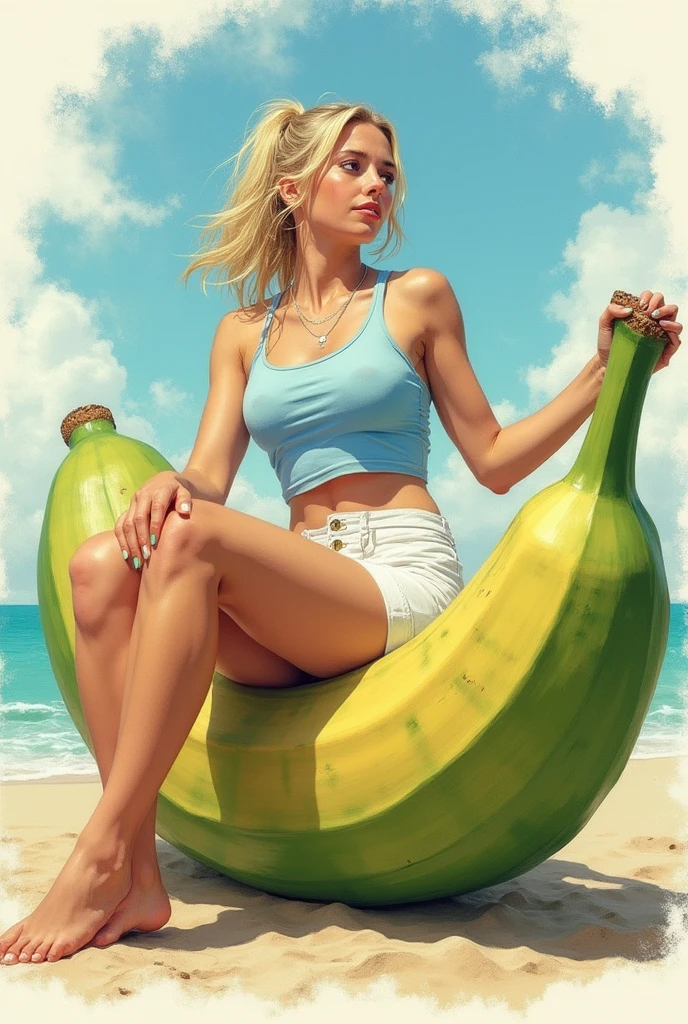 cleavage, woman, from_above, crop top, detailed face, yellow bodycon tank top, blonde hair, park, sky, trees, pale skin, moonlight, stars, 1girl, full body, statement sunglasses, woman, busty, petite, vivid colors, bokeh background, subject for emphasis,dramatic colors, holding a banana(only one banana), (long banana), opened your mouth