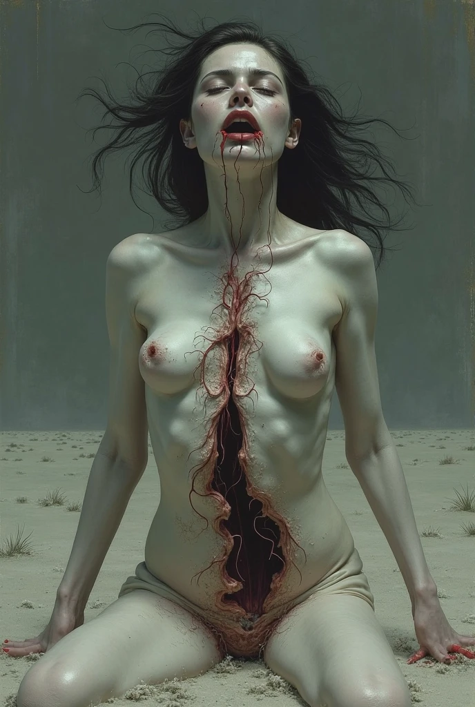 A woman with legs apart, detailed portrait, hyper realistic, photorealistic, 8k, masterpiece, elegant pose, flowing hair, porcelain skin, deep gaze, alluring expression, intricate details, dramatic lighting, cinematic composition, vibrant colors, oil painting