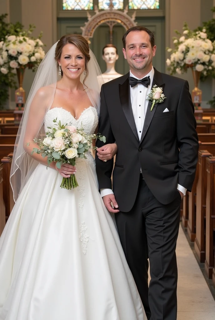 (Muscular:1.5), one male, one female, (female taller than male), bokeh, (two piece wedding dress), fully body view, split dress, abs, church, pews, detailed eyes, (athletic body:1.0), (muscular body:1.4), (looking at viewer) (Bulky:1.3), (smiling:1.4), dark studio, rim lighting, two tone lighting, dimly lit, low key (DETAILED SKIN), (groom), (skinny groom), walking down the aisle, (holding hands)