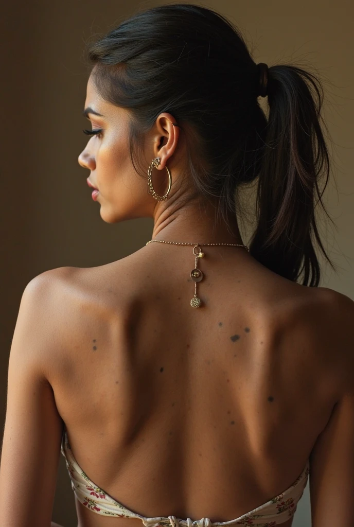 1 17 year old girl with black hair down to her back, con poca ceja, Small nose, desnuda, con tatuaje de tres mariposas en la costilla izquierda 