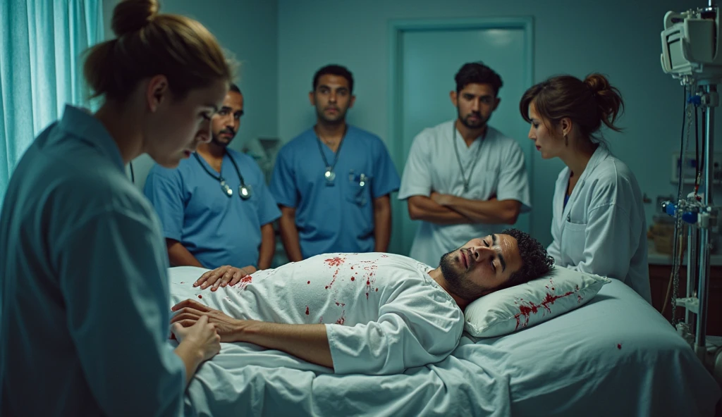 Ambulance is arrived to the hospital, 3 indian male nurses are moving strecher towards the operation theatre. Indian patient is covered with blood is placed on the strecher. Different indian male, female people are also walking at that hospital.