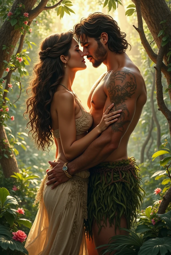 create a brunette woman and a blonde man hugging amidst chaos, surrounded by turtles and armored tigers