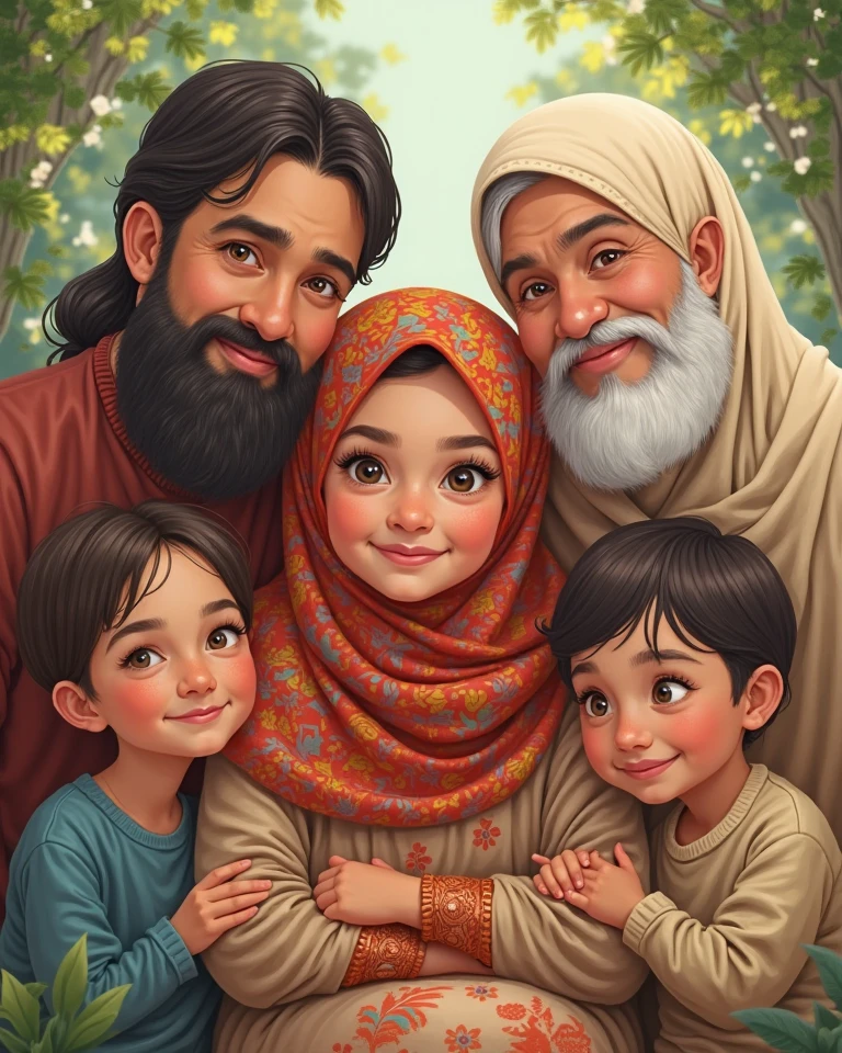 A 38 years old Muslim man with beard wearing a Muslim cap with his wife and three daughters. Daughters ages are 15 5 years and 3 months