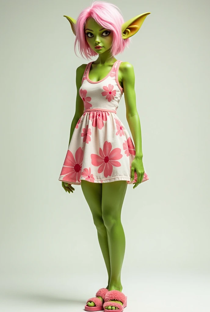 A woman with pink petals covering her nipples and pink petal skirt, short skirt, And pink petal bracelets on her wrists and ankles, She has green vines merged with her skin (Green veins), Alraune, Fantasy Plant species.